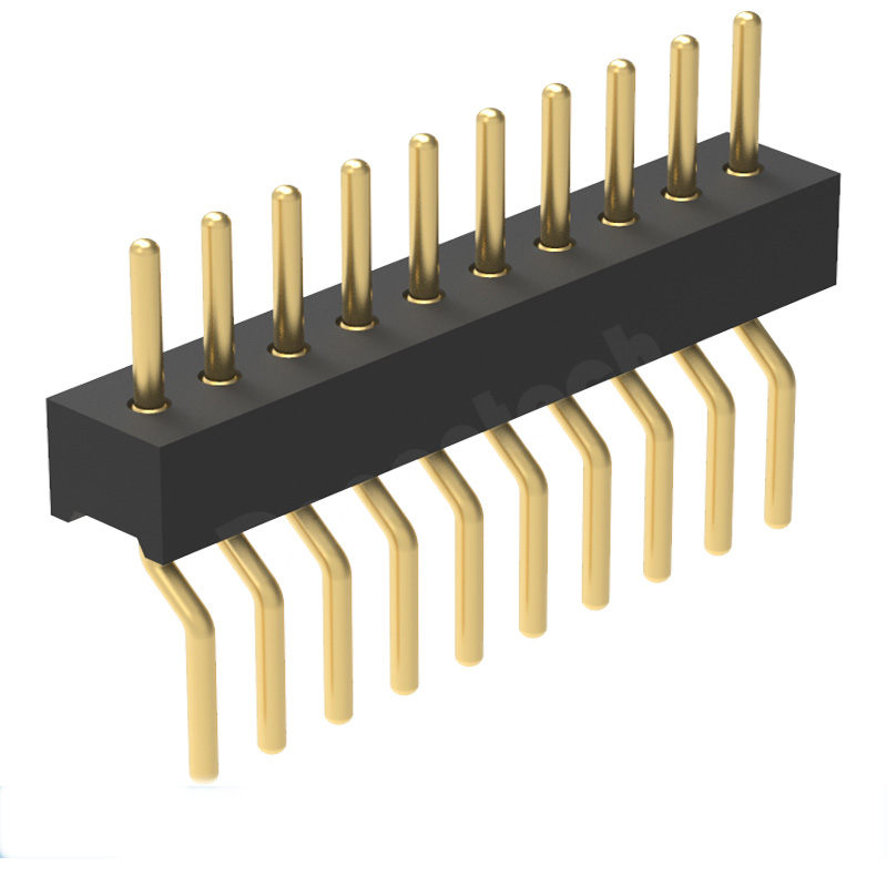 Denentech 工厂热销1.27MM圆P排针H2.20xW2.20单排卧贴镀金圆弯针圆排针厂家