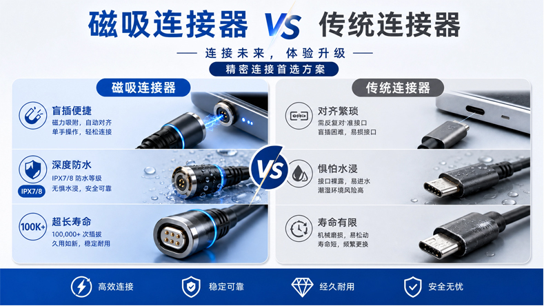 磁吸连接器盲插便捷、防水、长寿命对比优势
