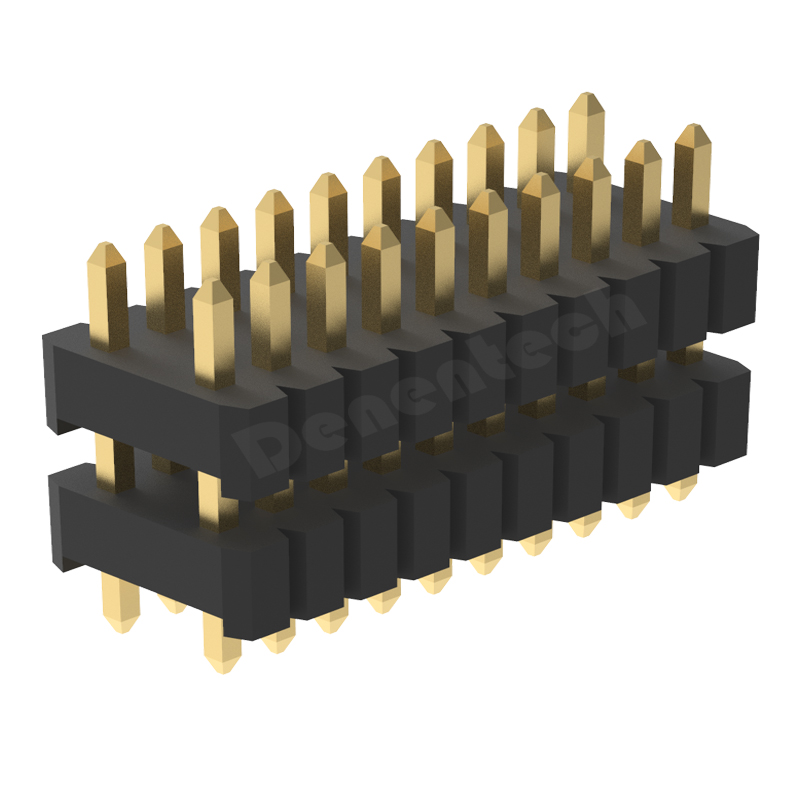 Denentech 厂家直销 1.27x2.54mm排针双排双塑180度 环保镀金双排排针 直插