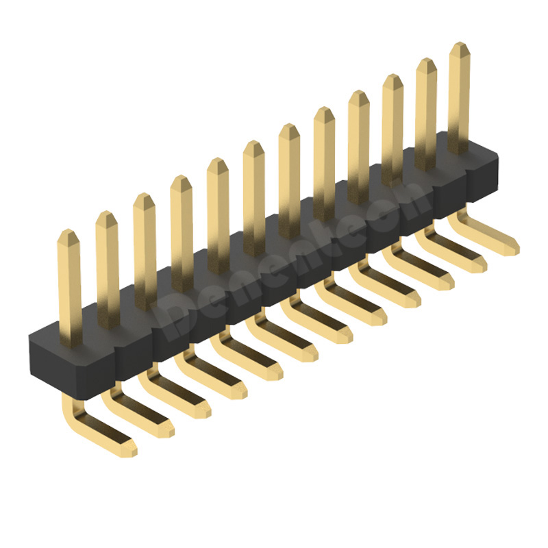 Denentech 1.27mm间距 单排弯针 单排单塑插针 排针 90度弯脚镀金铜