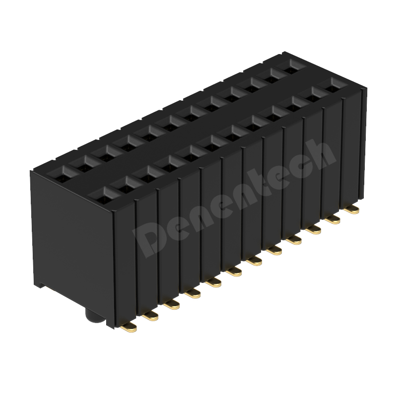 Denentech 工厂直供 黄铜镀金双排贴片排母 1.27MM*2.54mm 排母H5.7双排180度立贴SMT排母连接器带定位柱