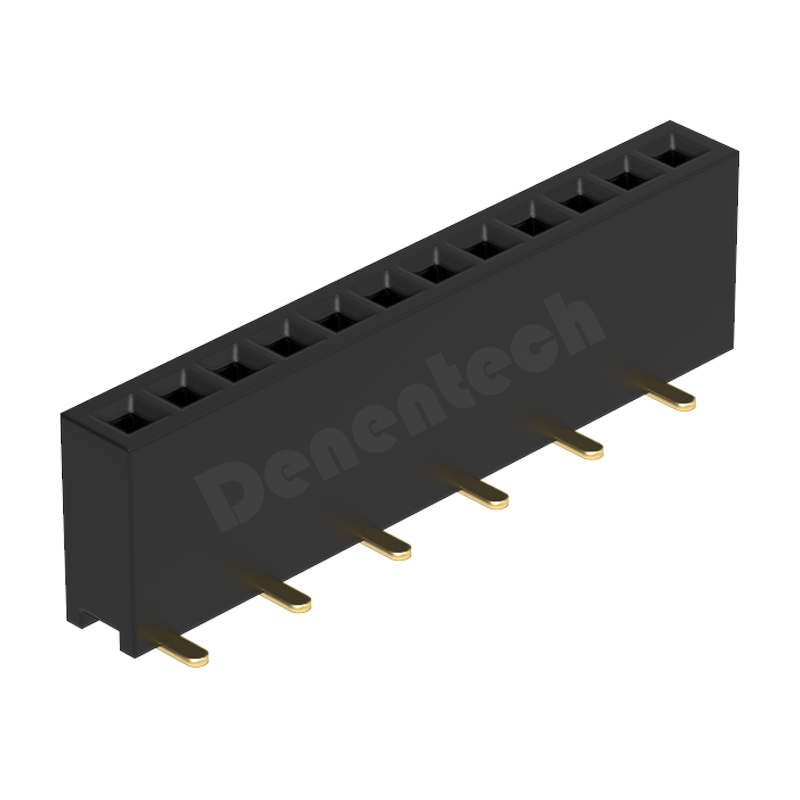 Denentech 工厂直供 1.27mm排母H4.3单排180度SMT排母连接器  1.27MM间距 单排贴片排母  错位脚母座 塑高4.3