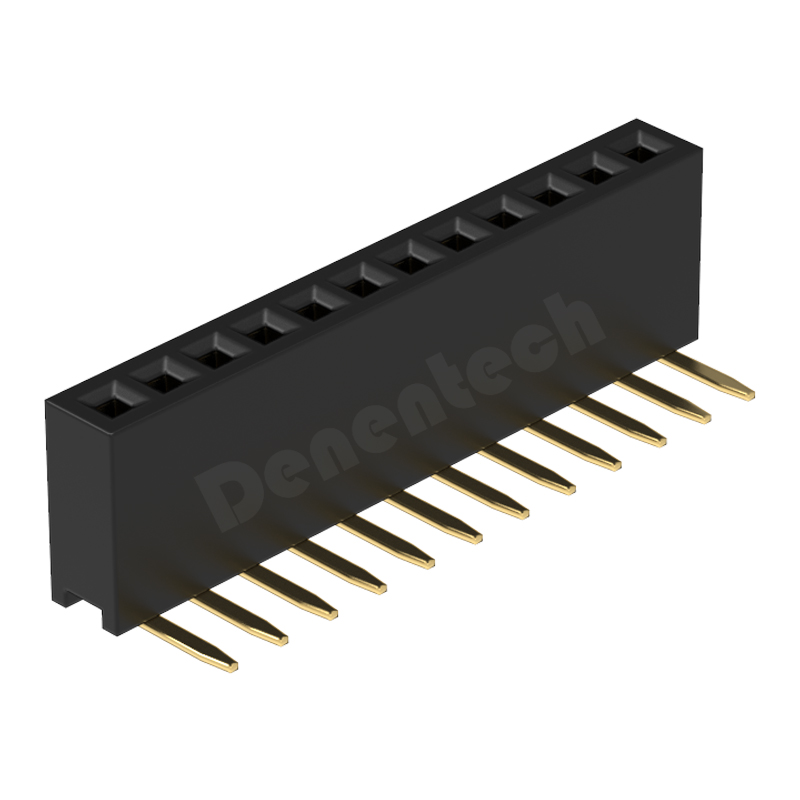 Denentech 厂家直供黄铜镀金 1.27MM单排母弯针 母座弯排母90度  1.27mm H4.3单排90度DIP排母连接器