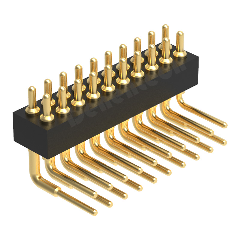 Denentech德能电子1.27MM弹簧针塑高H2.0双排公座90度插板黄铜探针充电触点pogopin连接器