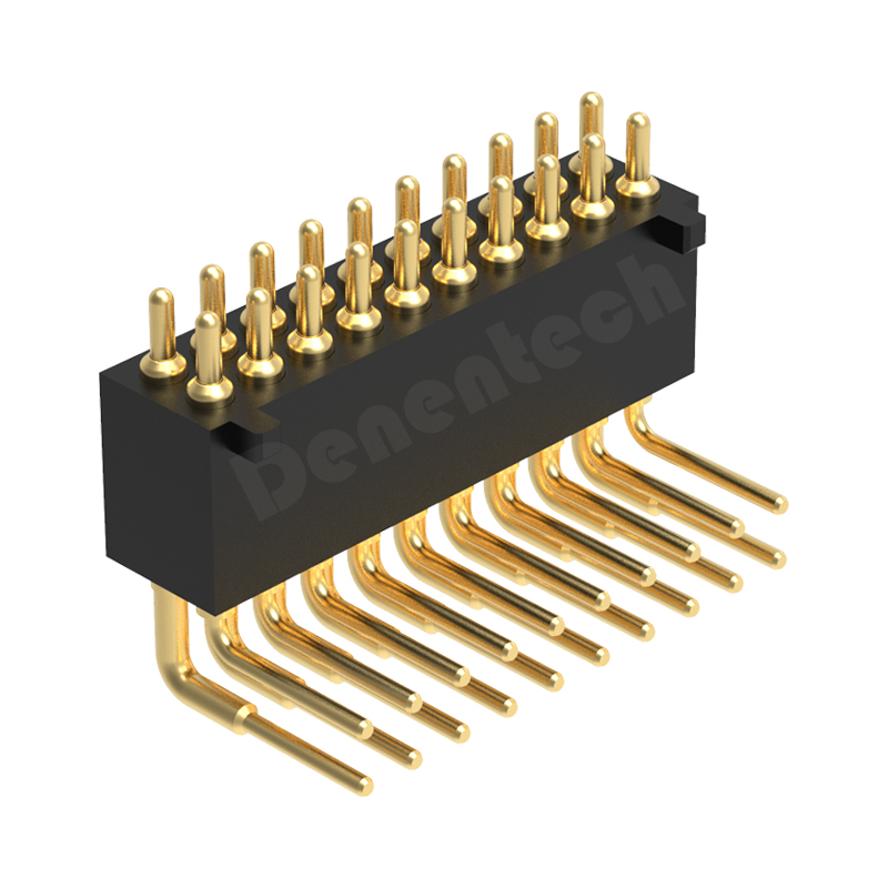 Denentech 工厂定制 1.27MM弹簧针H4.0双排公座90度帯柱智能穿戴pogopin镀金顶针