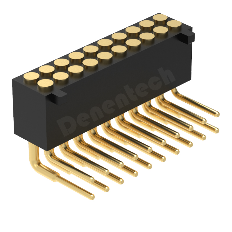 Denentech 工厂直销1.27MM弹簧针H4.0双排母座90度平面带柱pogo pin触点连接器