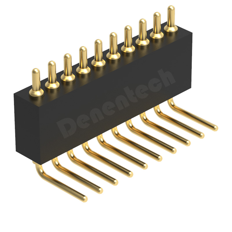 Denentech 工厂热销1.27MM弹簧针H4.0单排公座90度弯脚pogopin连接器弹针