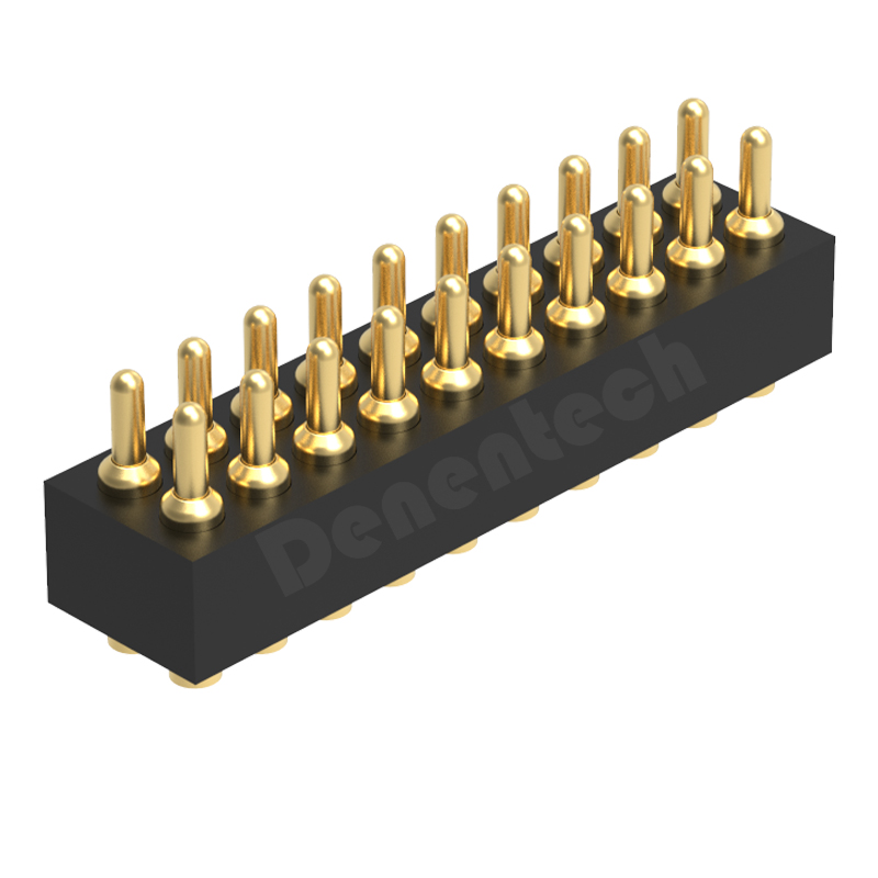 Denentech 专业工厂1.27MM弹簧针H2.0双排公座180度SMT贴片式伸缩弹针pogopin