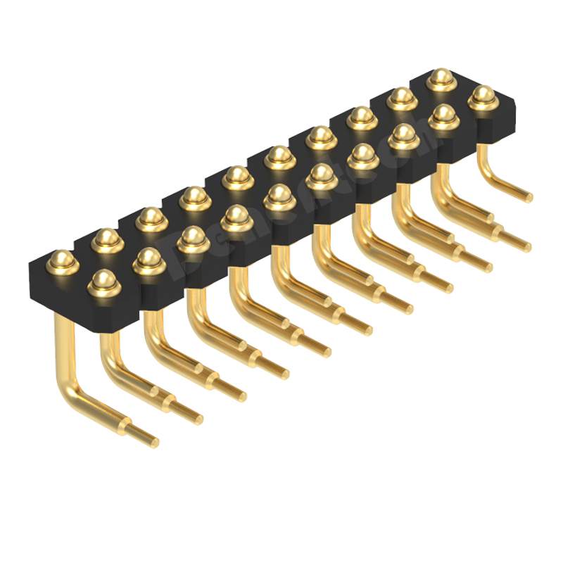 Denentech德能电子2.54MM弹簧针塑高H1.27双排公座90度Pogo pin折弯顶针插针弹簧针连接器
