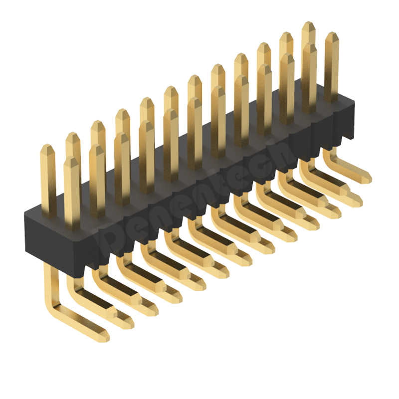 Denentech 1.27mm排针  双排单塑排针 弯针 弯脚 90度 1.27mm间距 环保 镀金插针