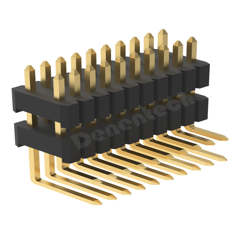 Denentech德能电子1.27x2.54mm双排双塑90度排针连接器厂家直销环保镀金双排弯插排针 