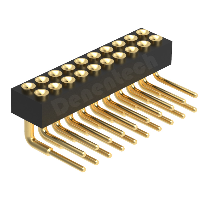 Denentech 工厂OEM 1.27MM H2.0双排母座90度凹面弯脚高寿命pogopin弹簧针
